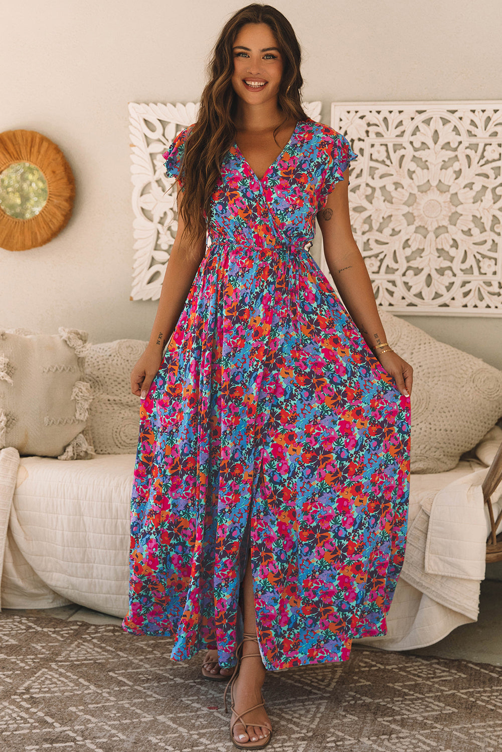 Blue Floral Print V Neck Wrap Split Maxi Dress – Alpha C Apparel Blue Floral Print V Neck Wrap Split Maxi Dress – Alpha C Apparel