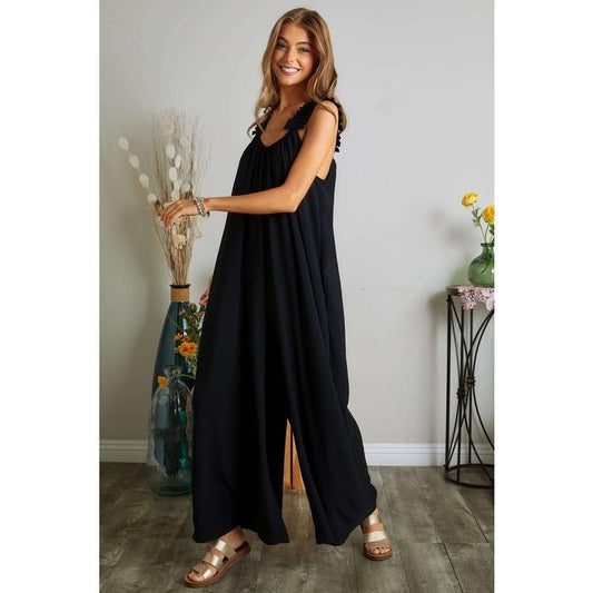 ADORA Plus Size Elastic Ruffle Shoulder Jumpsuit