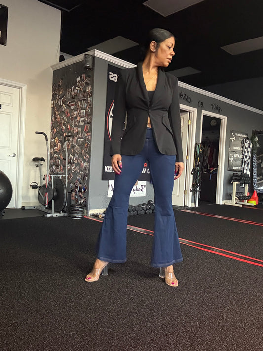 Dusk Blue Solid Crossed Waist High Elastic Fit Flare Knit Jeans