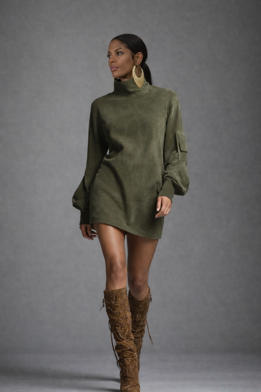Turtleneck Lantern Sleeve Mini Dress with Pockets
