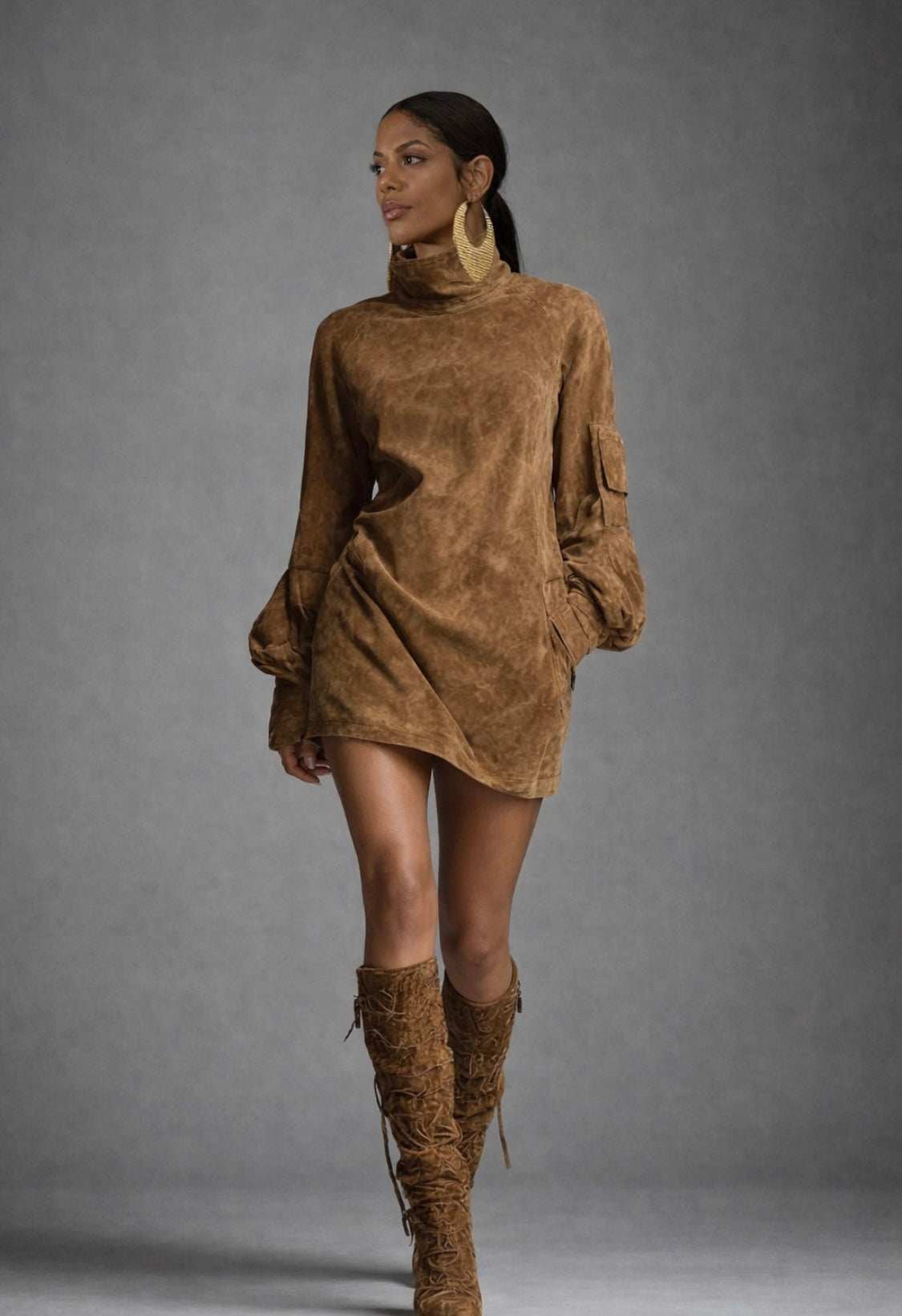 Turtleneck Lantern Sleeve Mini Dress with Pockets