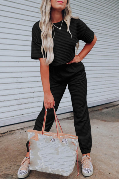 Alpha C Black Textured Cropped Tee and Jogger Pants Set