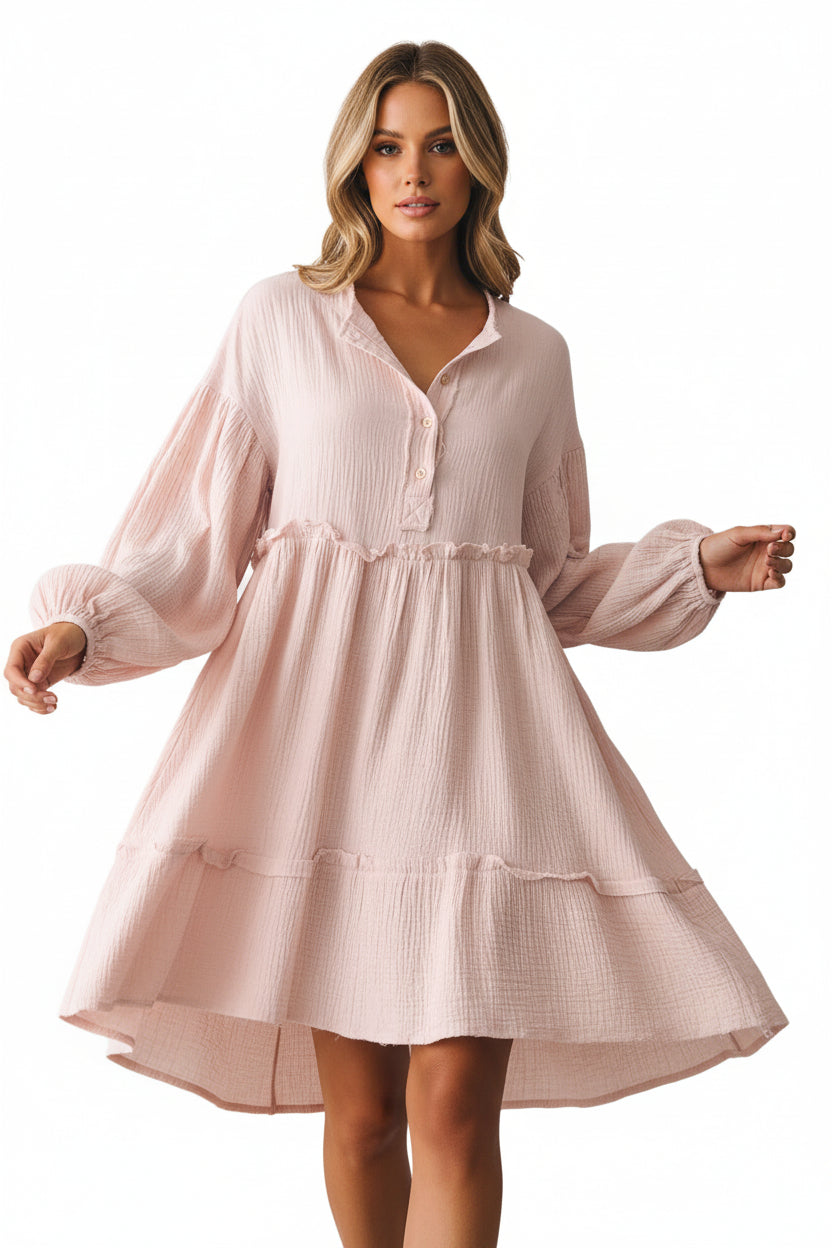 Oatmeal Crinkle Distressed Puff Sleeve Flared Dress