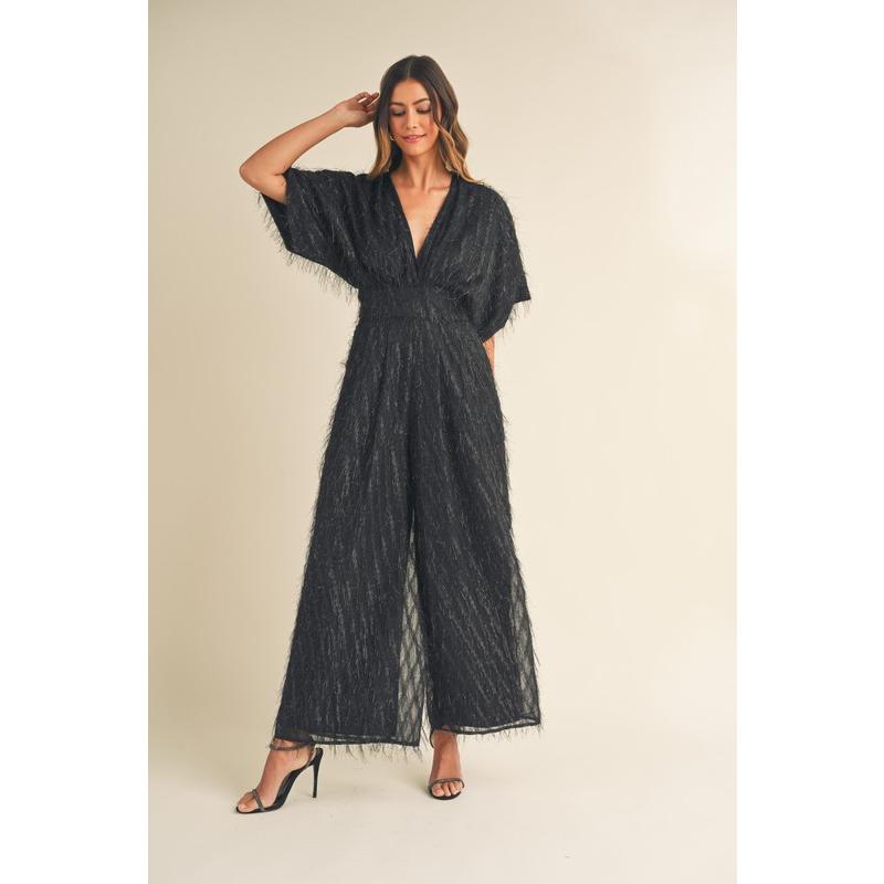 MABLE Fluffy Deep V Neck Wide Leg Jumpsuit