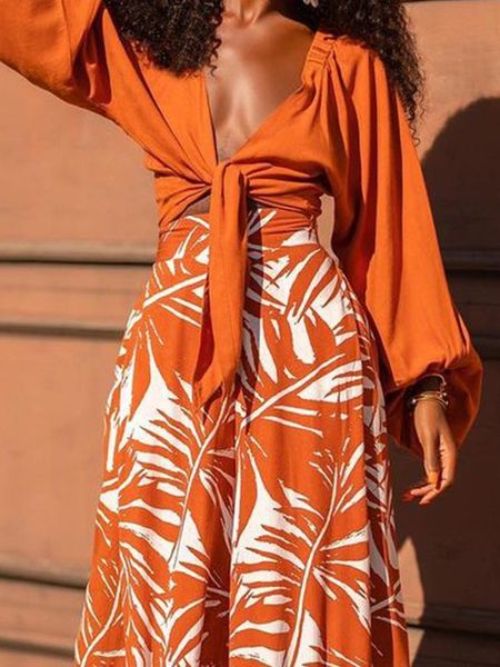 Autumn women's printed pants V-neck long-sleeved two-piece set