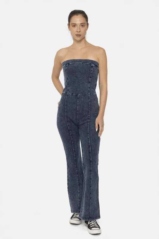 MONO B Cotton Blend Strapless Flared Jumpsuit