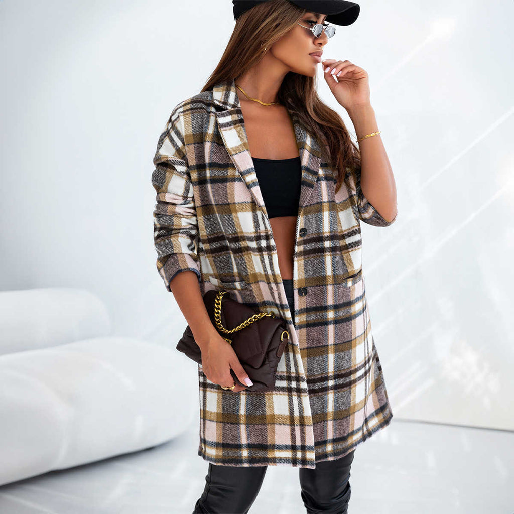 Pink Plaid Button Up Lapel Jacket