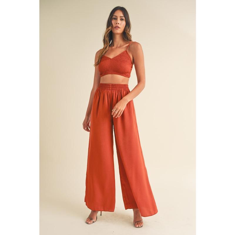 MABLE Smocked Bralette Crop Top and Wide Leg Pants Set