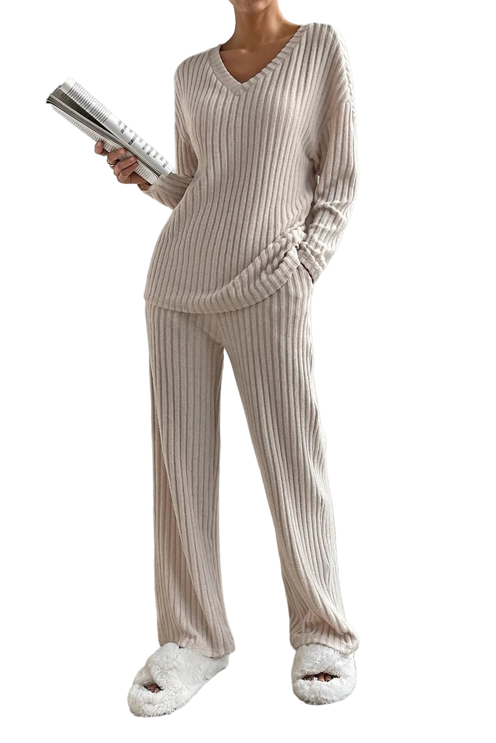 Khaki Ribbed Knit V Neck Slouchy Two-piece Outfit