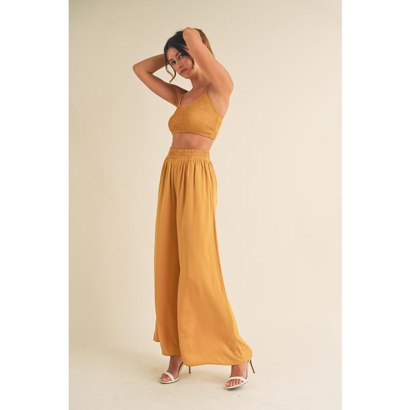 MABLE Smocked Bralette Crop Top and Wide Leg Pants Set