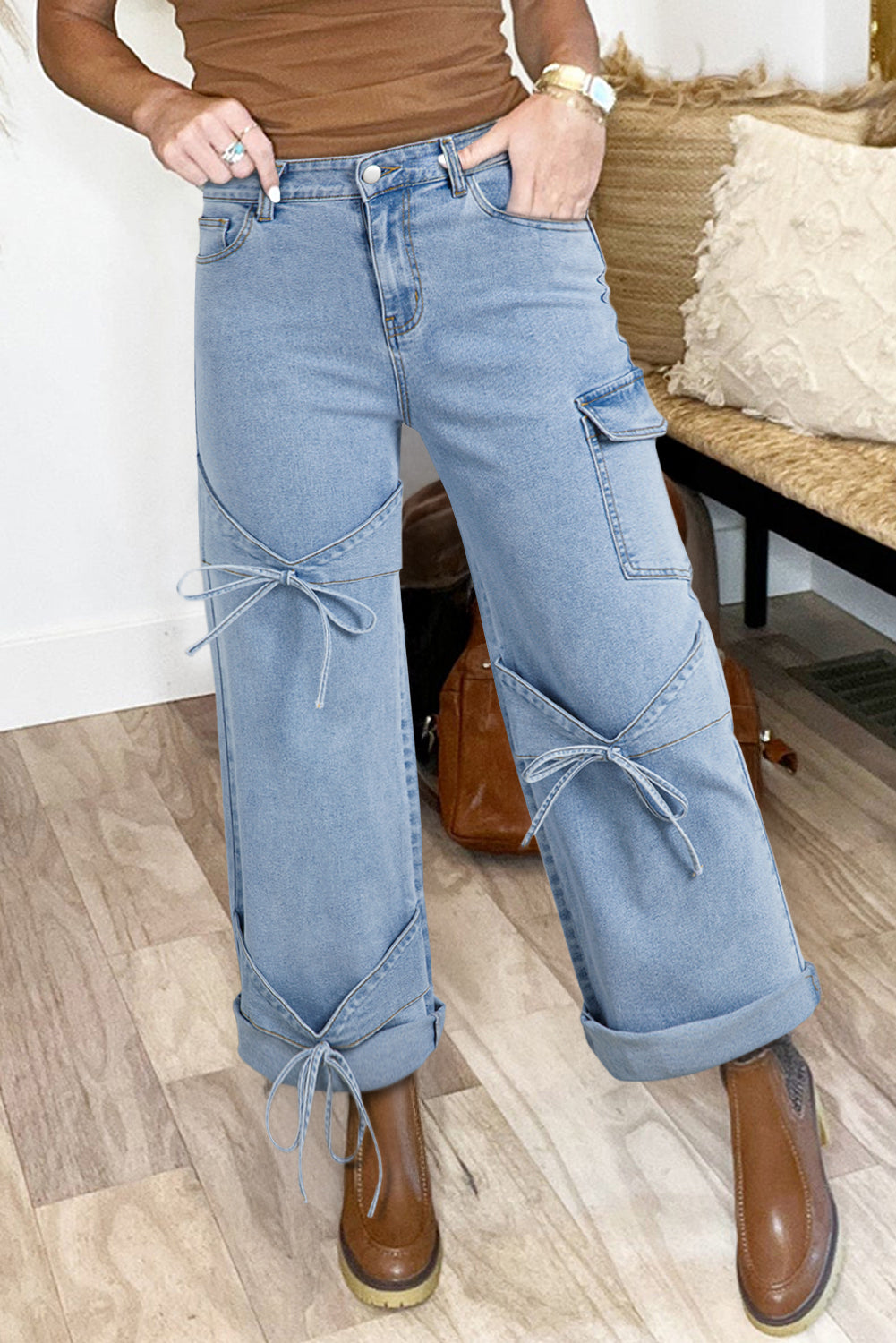 Beau Blue Bowknot Decor Boyfriend Cargo Jeans