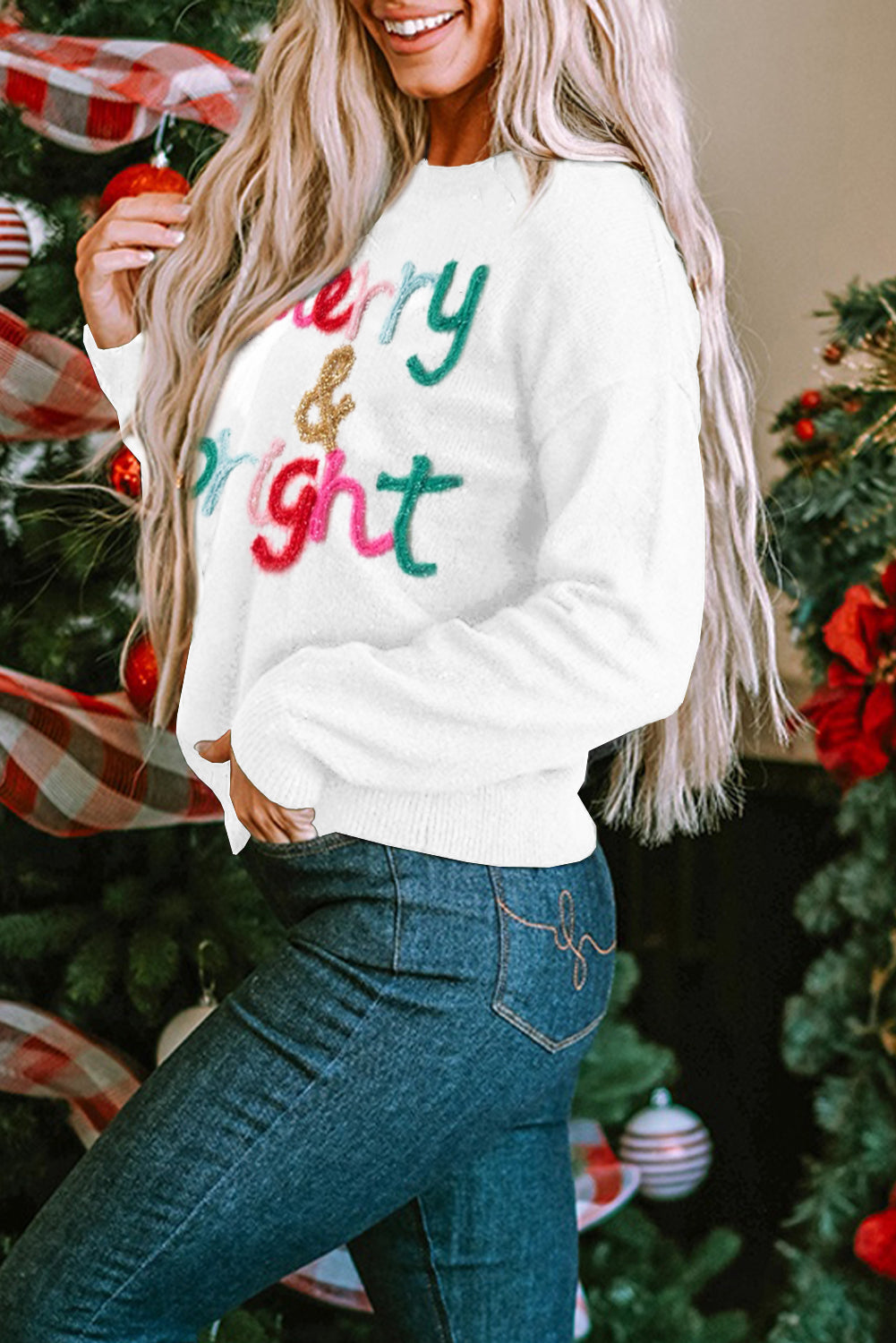 White Merry & Bright Round Neck Casual Sweater