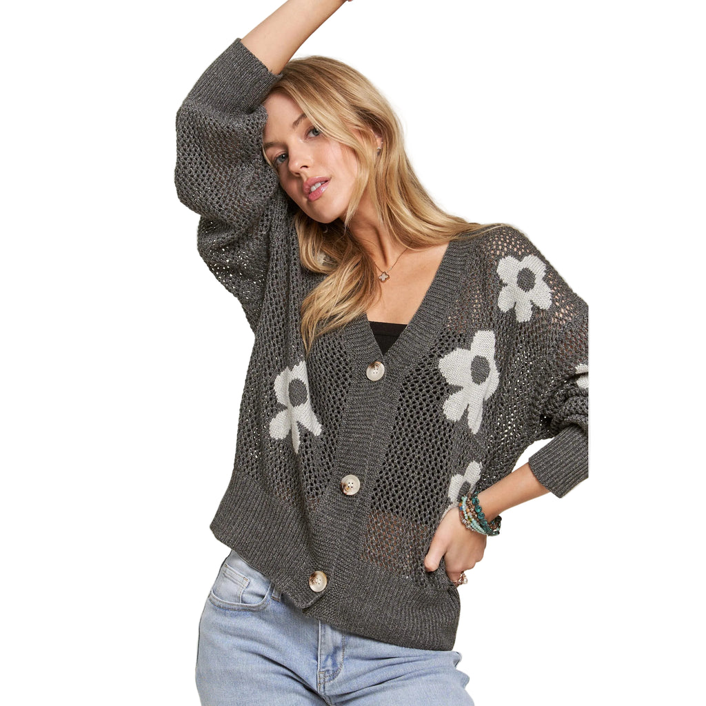 Alpha Plus Size Lightweight Floral Sweater Cardigan