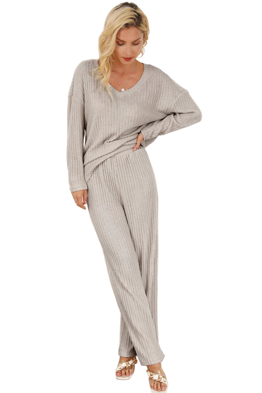 Khaki Ribbed Knit V Neck Slouchy Two-piece Outfit