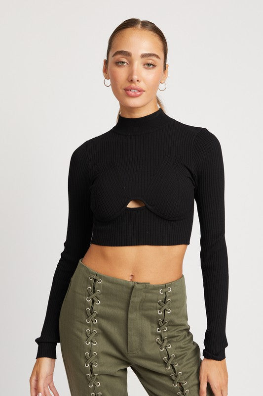 MOCK NECK CROP TOP WITH CUT OUT