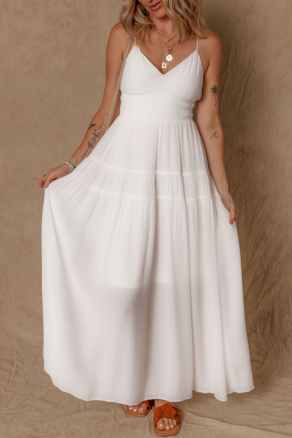 White Spaghetti Straps High Waist Elegant Long Dress