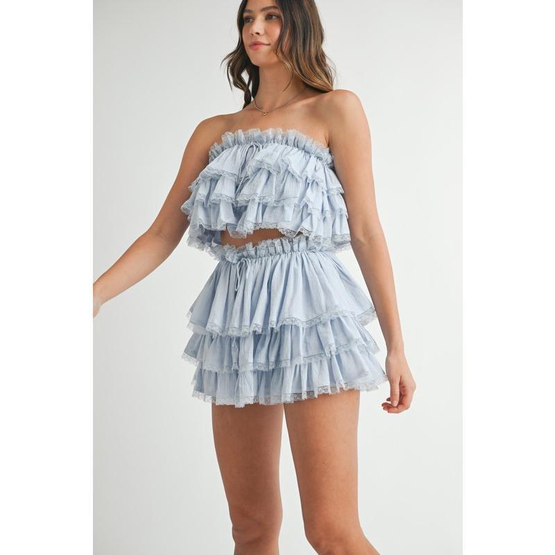 MABLE Ruffle Layered Crop Top and Mini Skirt Set