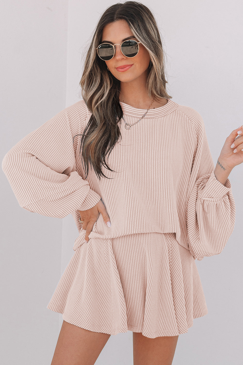 Jet Stream Corded Lantern Sleeve Top High Waist Ruffled Mini Skirt Set