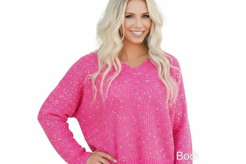 Dark Pink Colorful Spots Knitted V Neck Casual Sweater