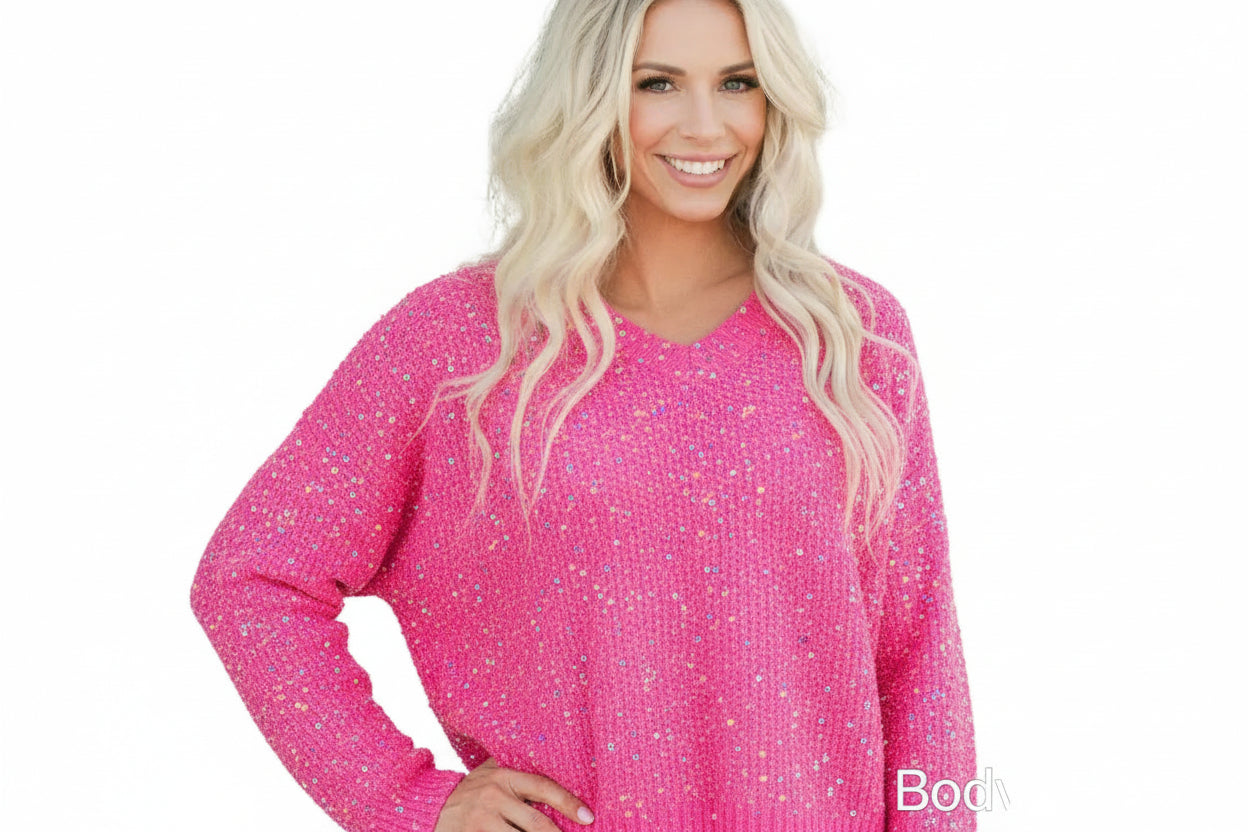 Dark Pink Colorful Spots Knitted V Neck Casual Sweater