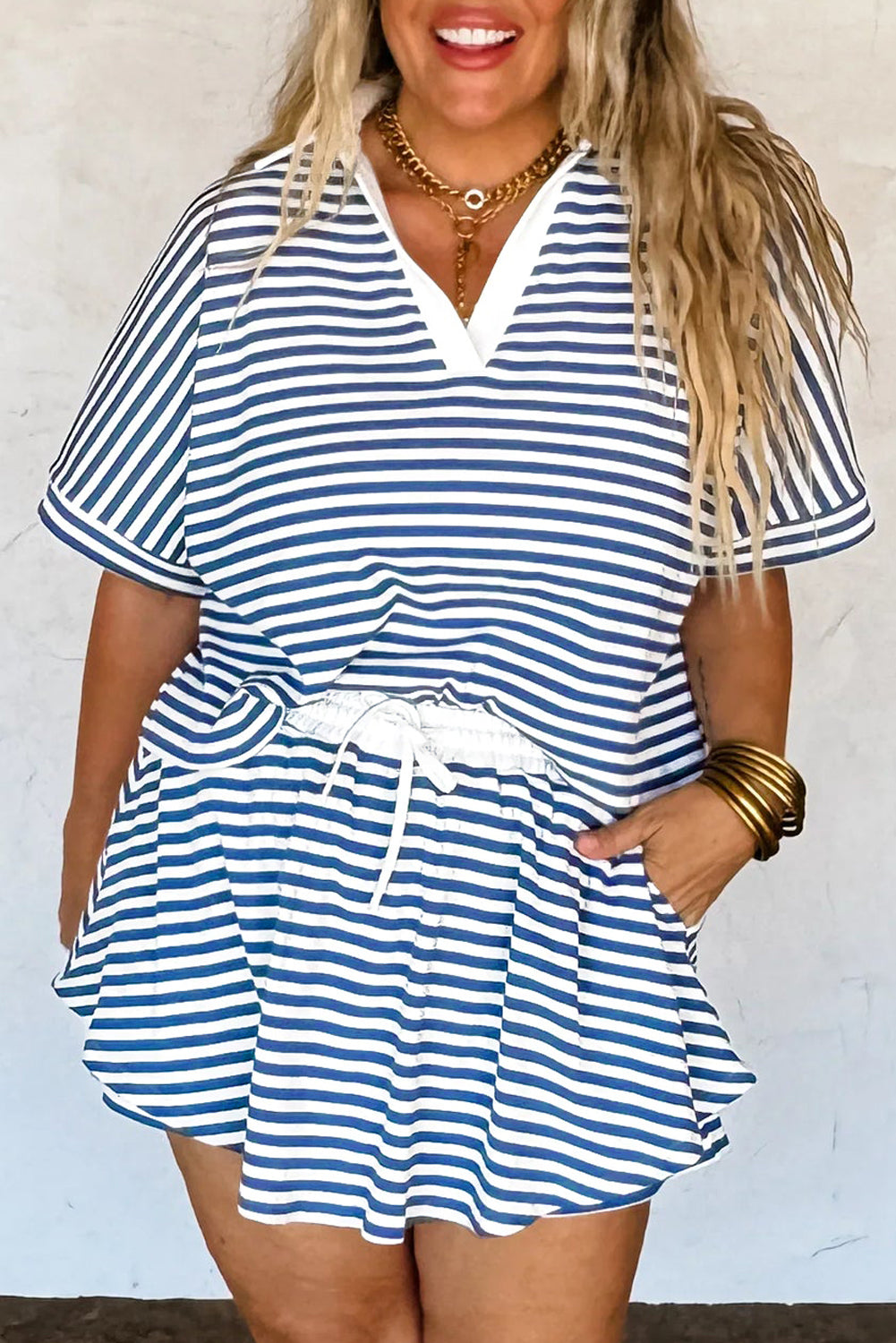 Blue Stripe Short Sleeve Collared V Neck Top Plus Size Short Set