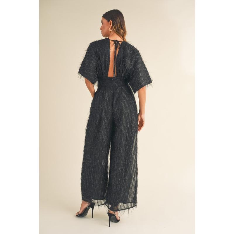 MABLE Fluffy Deep V Neck Wide Leg Jumpsuit