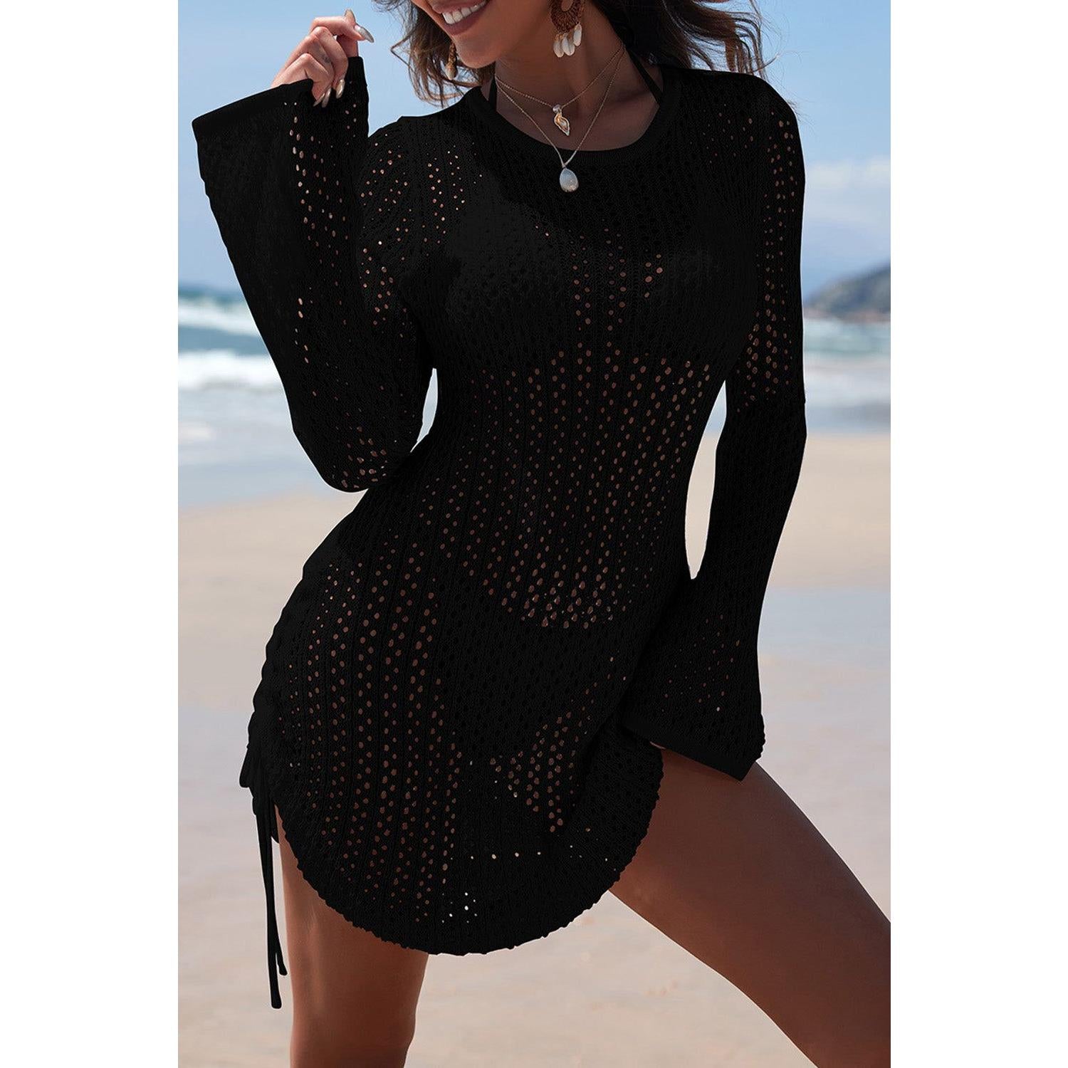 Black Hollowout Knit Bell Sleeve Drawstring Short Beach dress