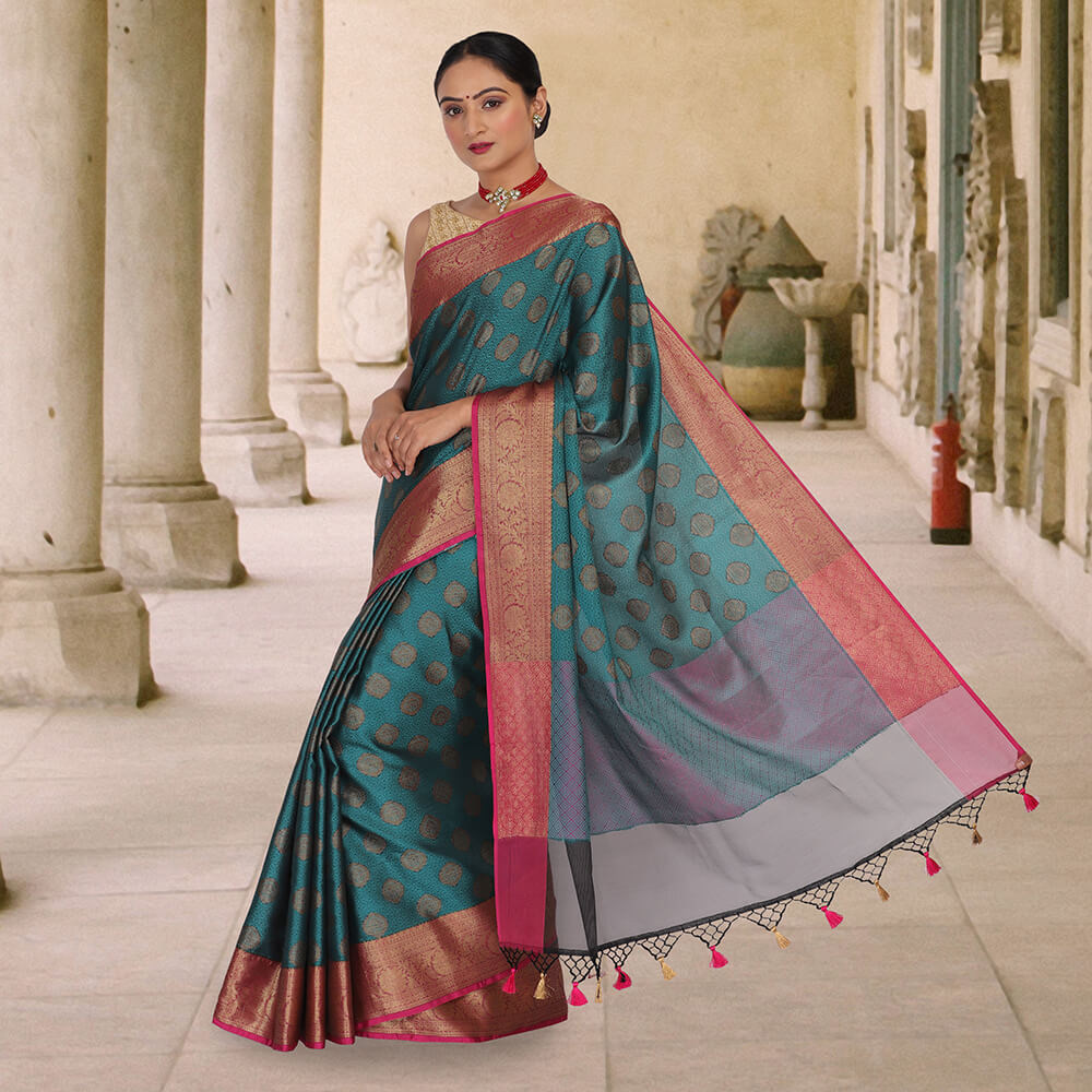 Teal Color Benarasi Tanchoi Silk Sari With Pattu Border