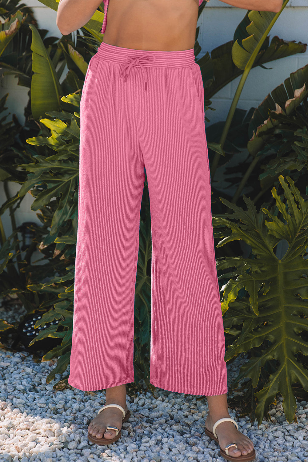 Bright Pink Solid Corded Knit Short Sleeve T Shirt and Wide Leg Pants Set