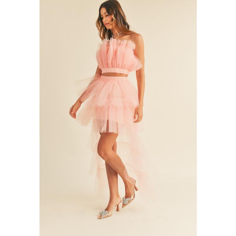 MABLE Tulle Tube Ruffle Crop Top and High Low Maxi Skirt Set