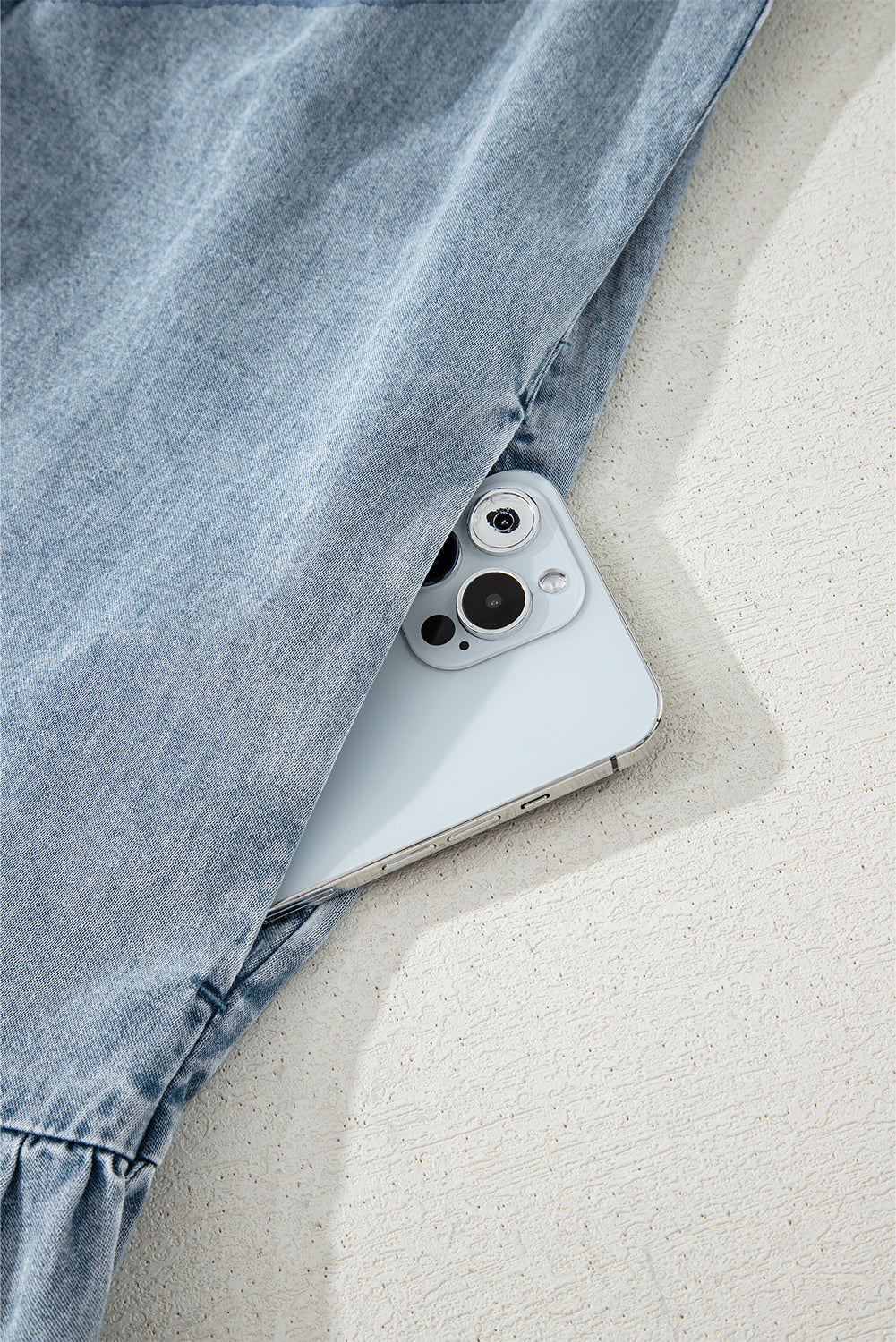 Real Teal Bowknot Neck Sleeveless Ruffled Chambray Dress