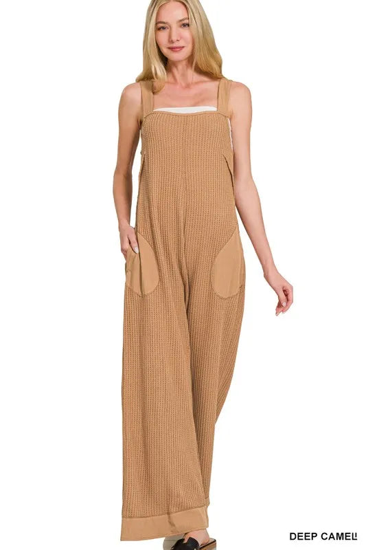 Zenana Knit Waffle Wide Leg Overalls