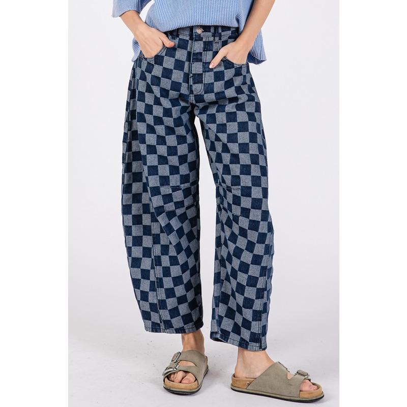 SAGE+FIG Barrel Style Leg Checkered Print Jeans