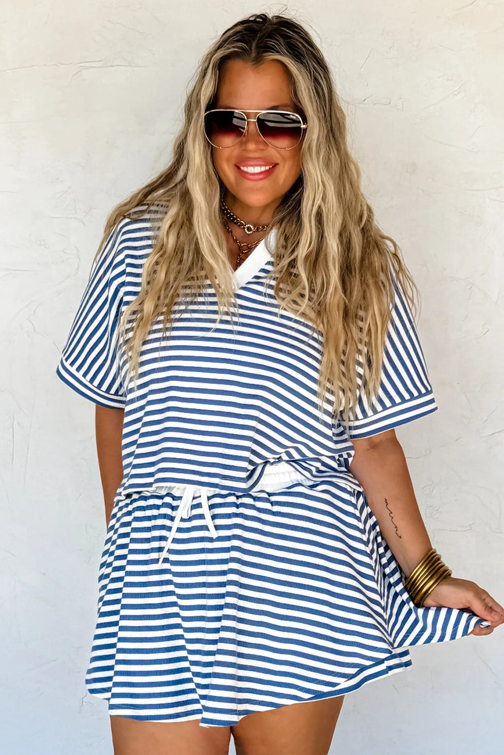 Blue Stripe Short Sleeve Collared V Neck Top Plus Size Short Set