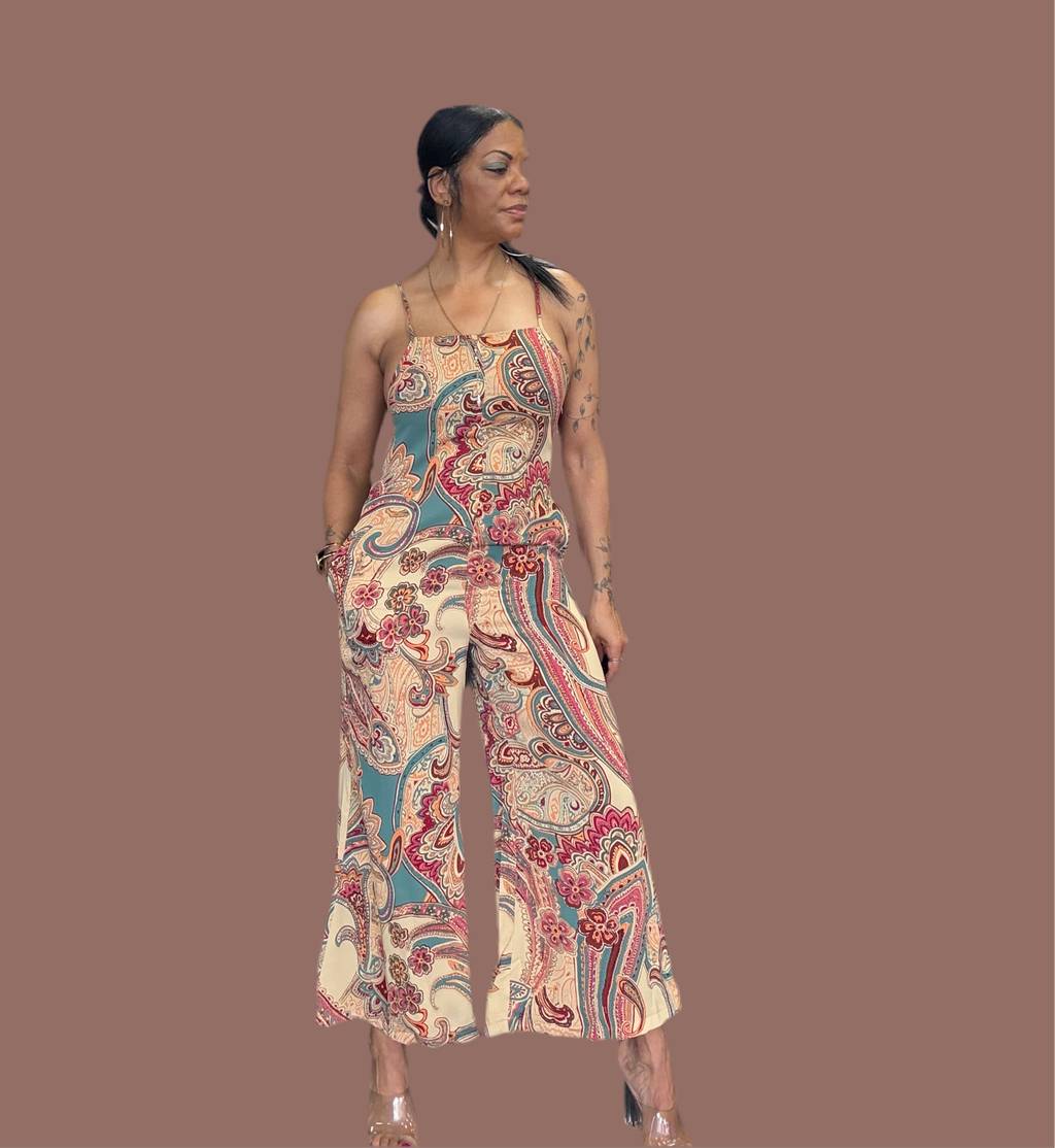 Red Paisley Printed Spaghetti Straps Elegant Wide Leg Jumpsuit