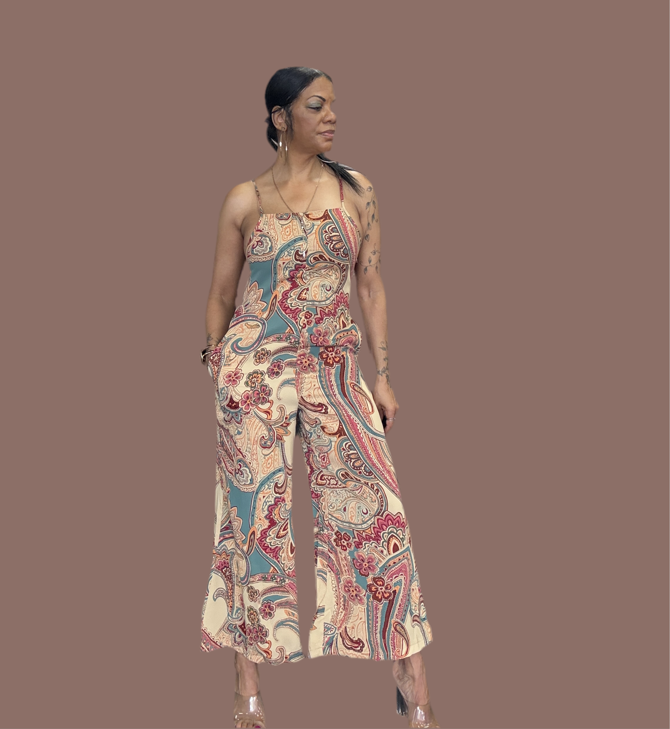 Red Paisley Printed Spaghetti Straps Elegant Wide Leg Jumpsuit