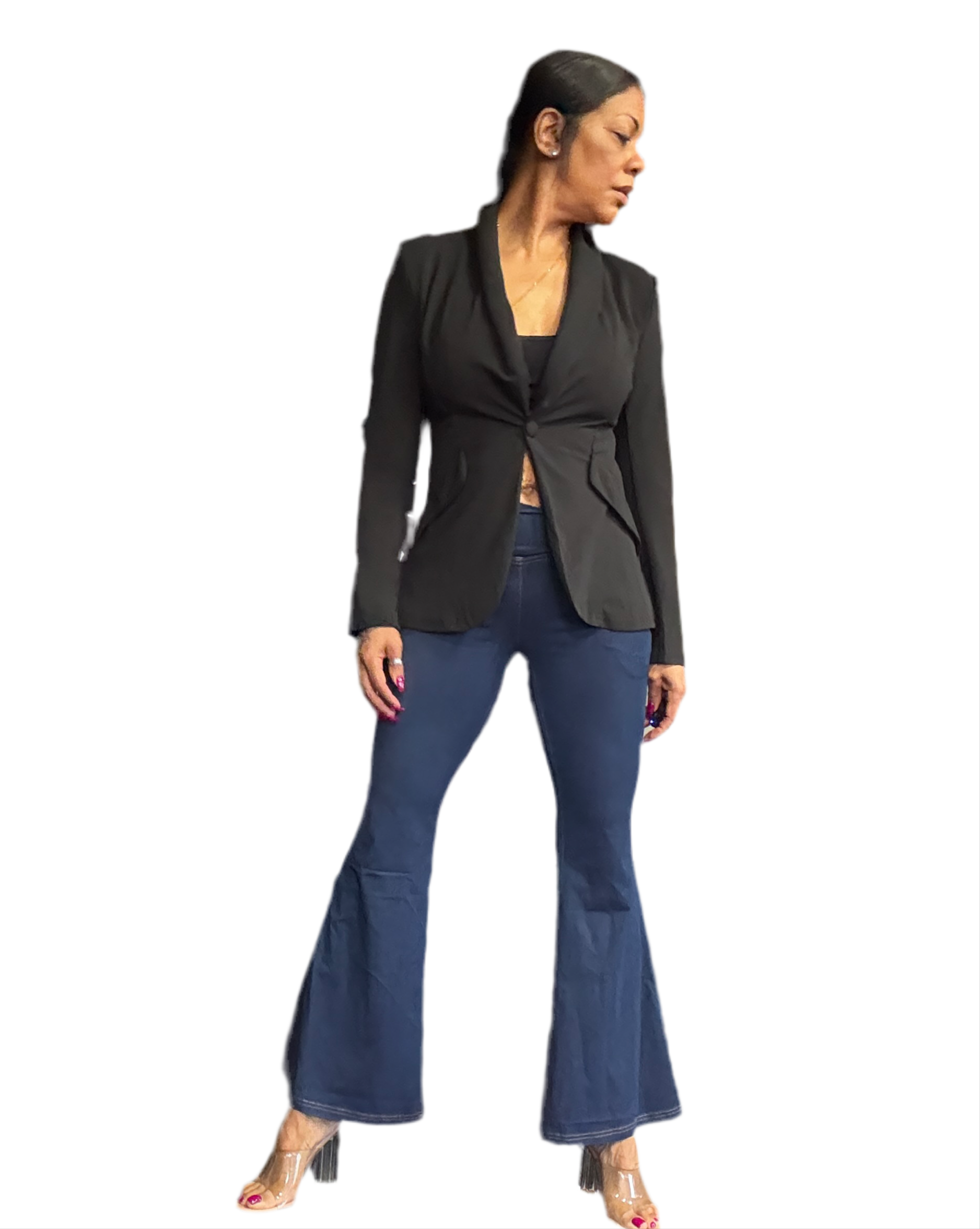 Dusk Blue Solid Crossed Waist High Elastic Fit Flare Knit Jeans