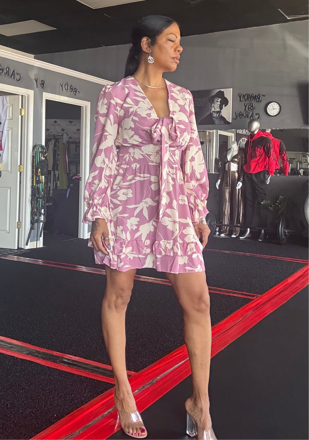 Tied Ruffled Printed Long Sleeve Dress