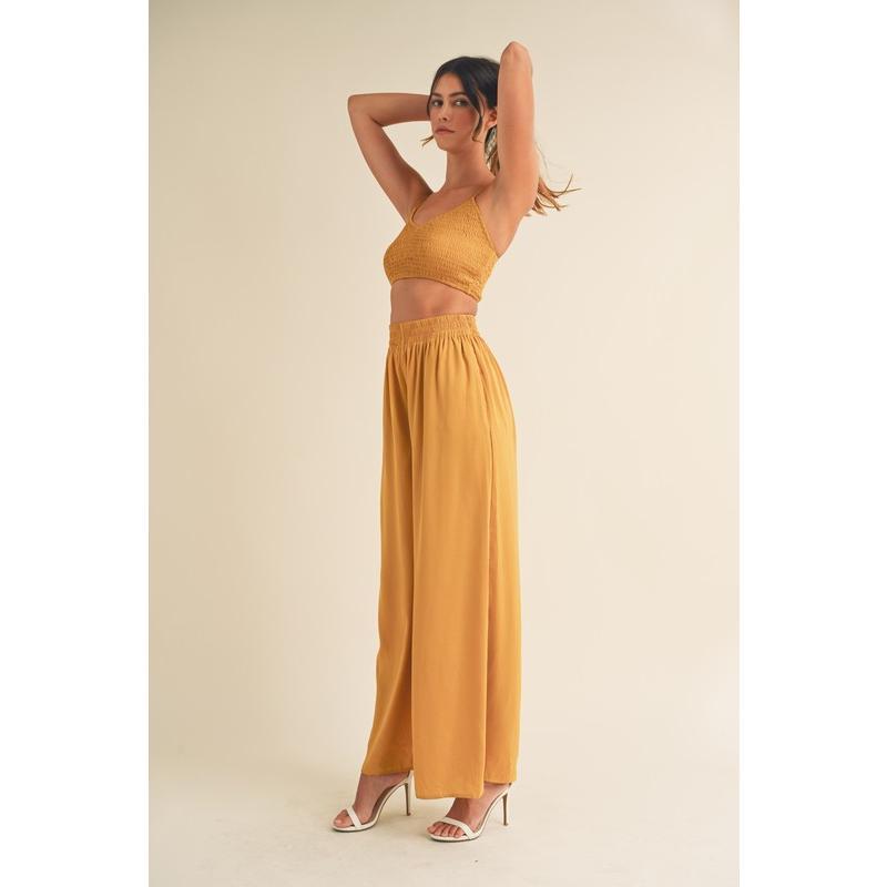 MABLE Smocked Bralette Crop Top and Wide Leg Pants Set
