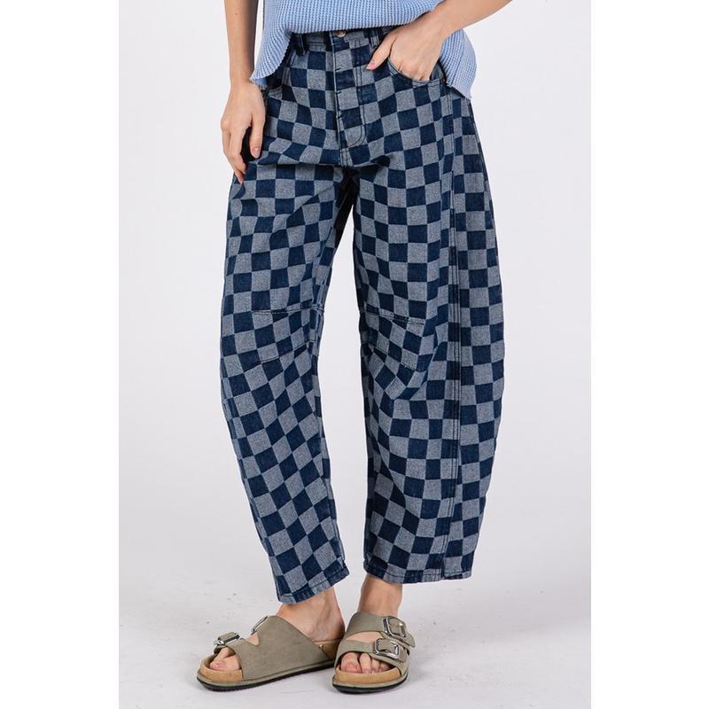 SAGE+FIG Barrel Style Leg Checkered Print Jeans