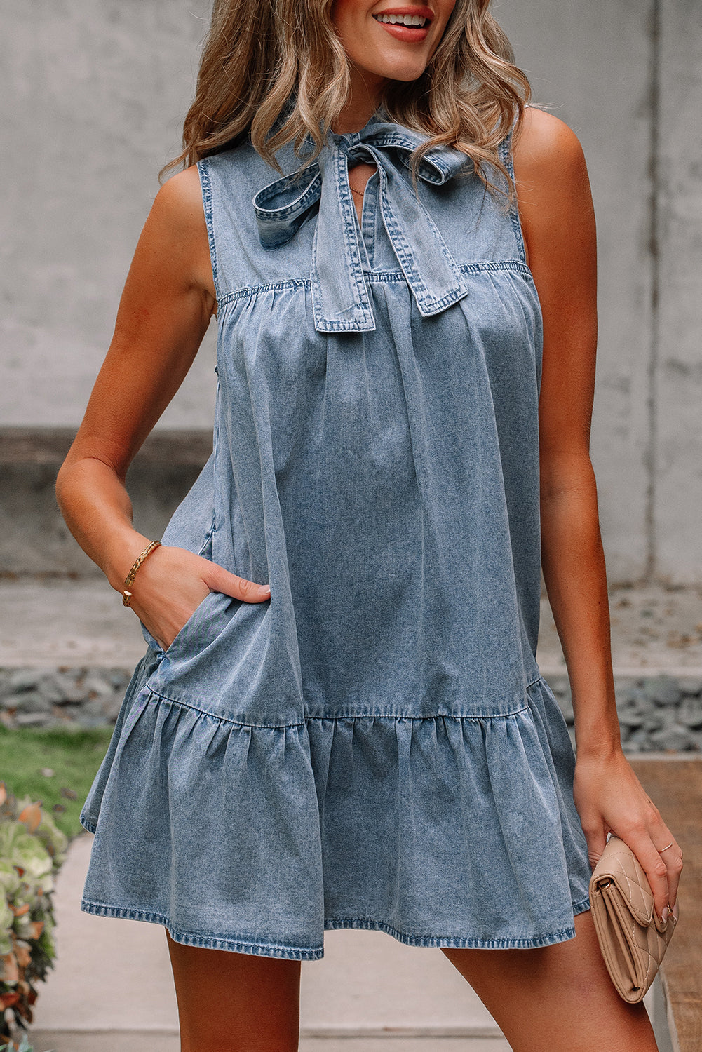 Real Teal Bowknot Neck Sleeveless Ruffled Chambray Dress