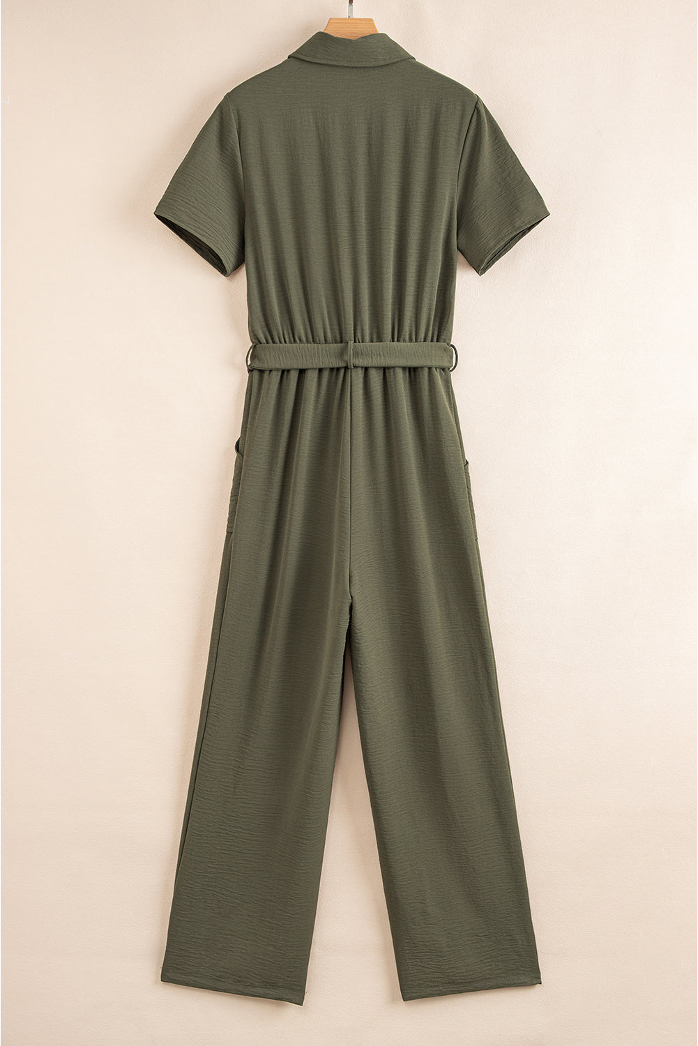 Moss Green Half Button Belted Utility Short Sleeve Jumpsuit
