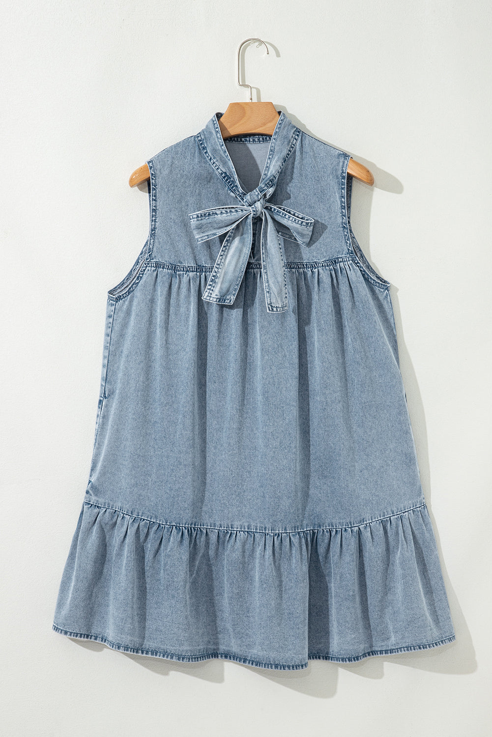 Real Teal Bowknot Neck Sleeveless Ruffled Chambray Dress