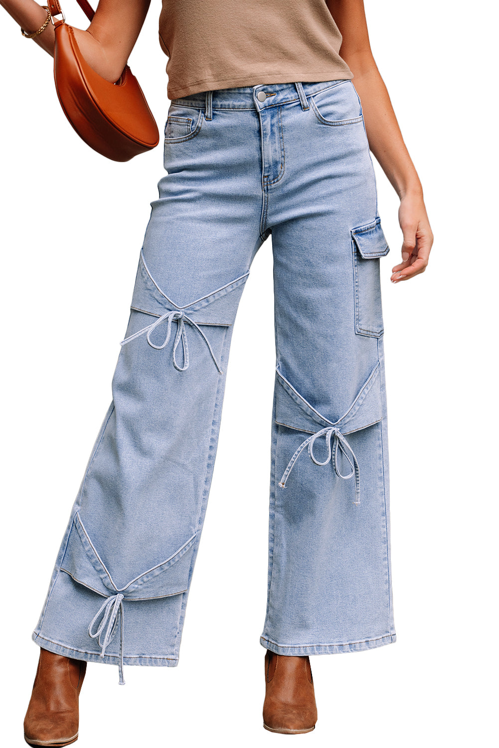 Beau Blue Bowknot Decor Boyfriend Cargo Jeans