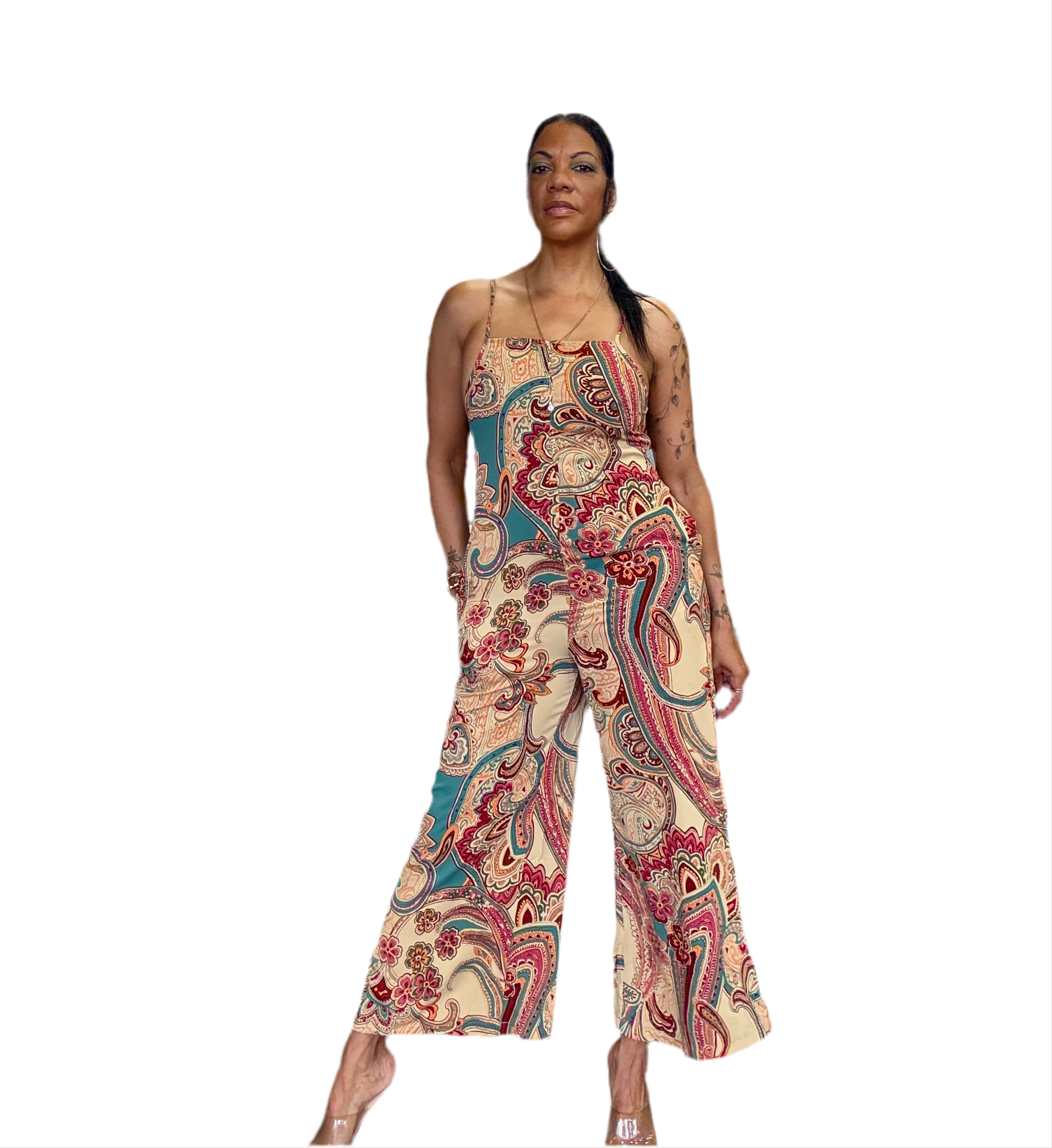 Red Paisley Printed Spaghetti Straps Elegant Wide Leg Jumpsuit