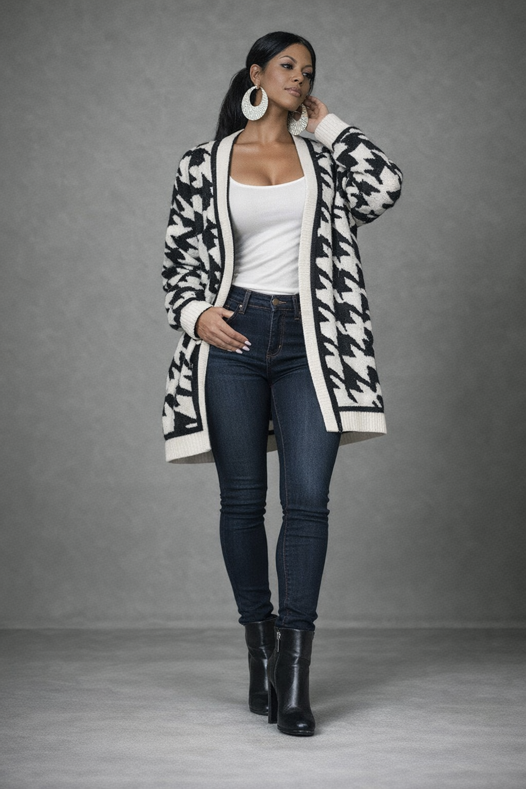 Mandy Woven Right Houndstooth Open Front Longline Cardigan