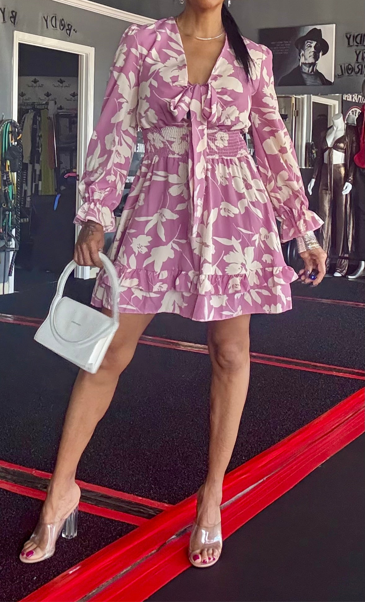 Tied Ruffled Printed Long Sleeve Dress