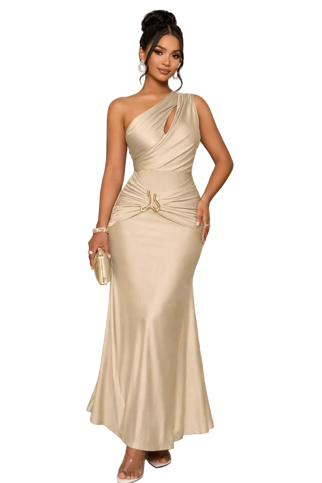 Alpha C Women's Solid Color Hollow Asymmetric Neck Metal Decorated Bodycon Dress