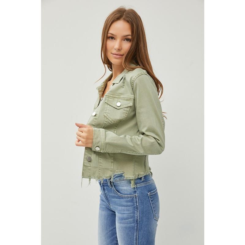 RISEN Full Size Raw Hem Button Up Cropped Denim Jacket Plus Size