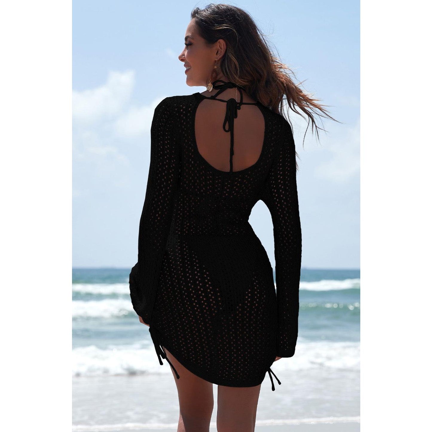 Black Hollowout Knit Bell Sleeve Drawstring Short Beach dress